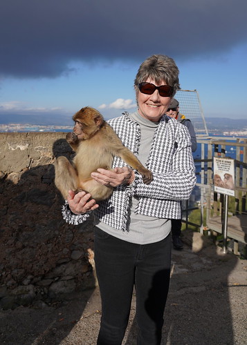 Tourist with Barbary macaque- with permission Pixastudio